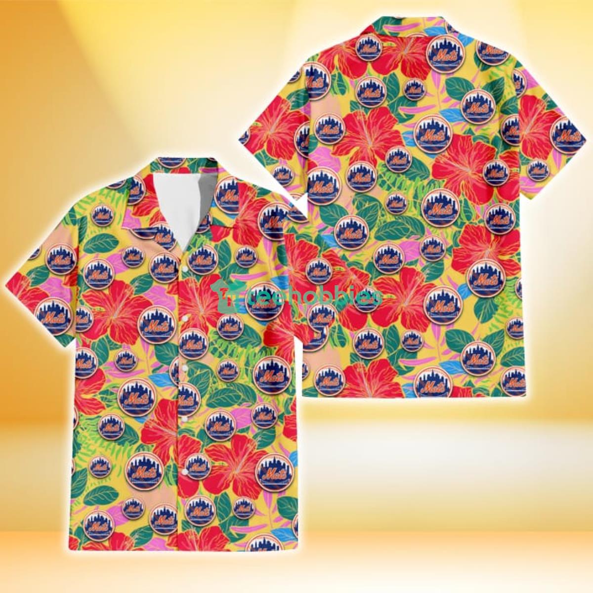 New York Mets Red Hibiscus Green Blue Leaf Yellow Background 3D Hawaiian Shirt Gift For Fans Product Photo 1