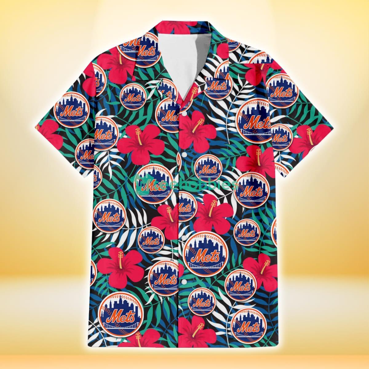 New York Mets Red Hibiscus Green Blue White Leaf Black Background 3D Hawaiian Shirt Gift For Fans Product Photo 2