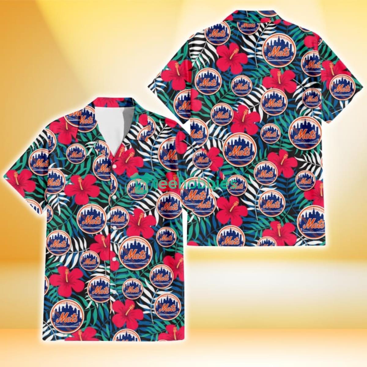 New York Mets Red Hibiscus Green Blue White Leaf Black Background 3D Hawaiian Shirt Gift For Fans Product Photo 1
