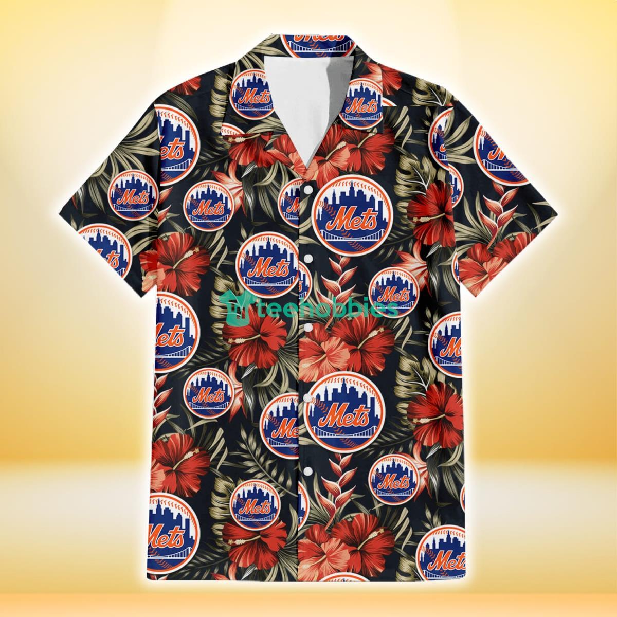 New York Mets Red Hibiscus Green Leaf Dark Background 3D Hawaiian Shirt Gift For Fans Product Photo 2
