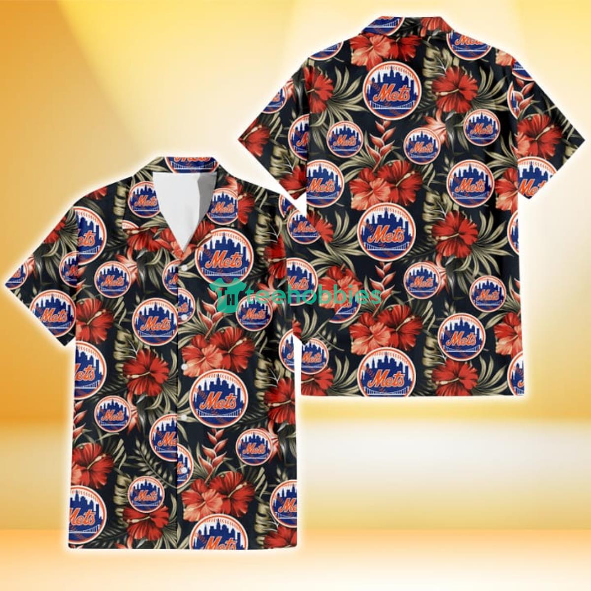 New York Mets Red Hibiscus Green Leaf Dark Background 3D Hawaiian Shirt Gift For Fans Product Photo 1