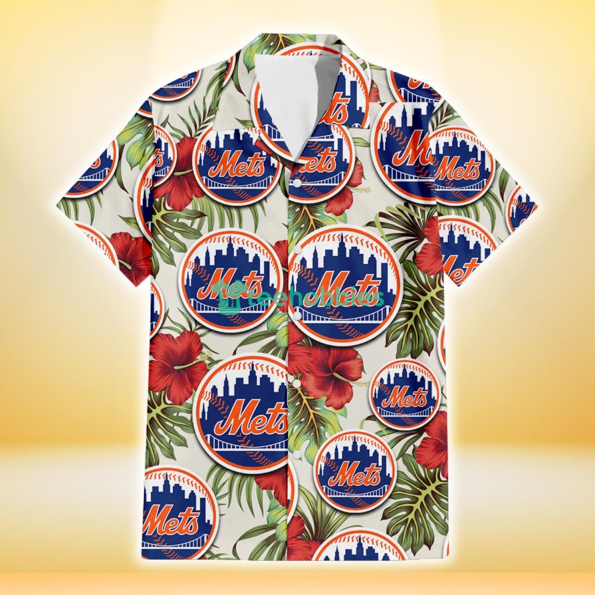 New York Mets Red Hibiscus Green Tropical Leaf Cream Background 3D Hawaiian Shirt Gift For Fans Product Photo 2