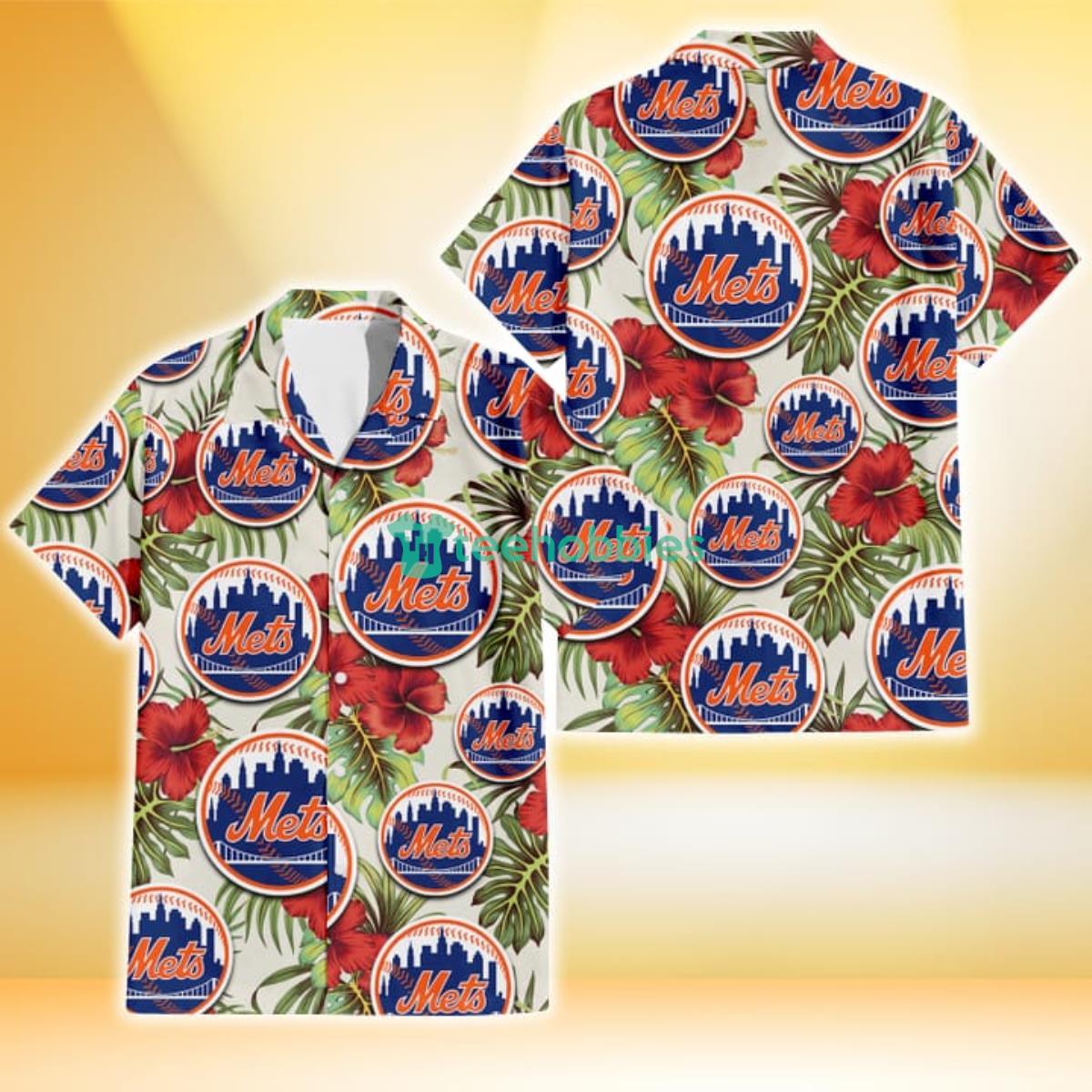 New York Mets Red Hibiscus Green Tropical Leaf Cream Background 3D Hawaiian Shirt Gift For Fans Product Photo 1