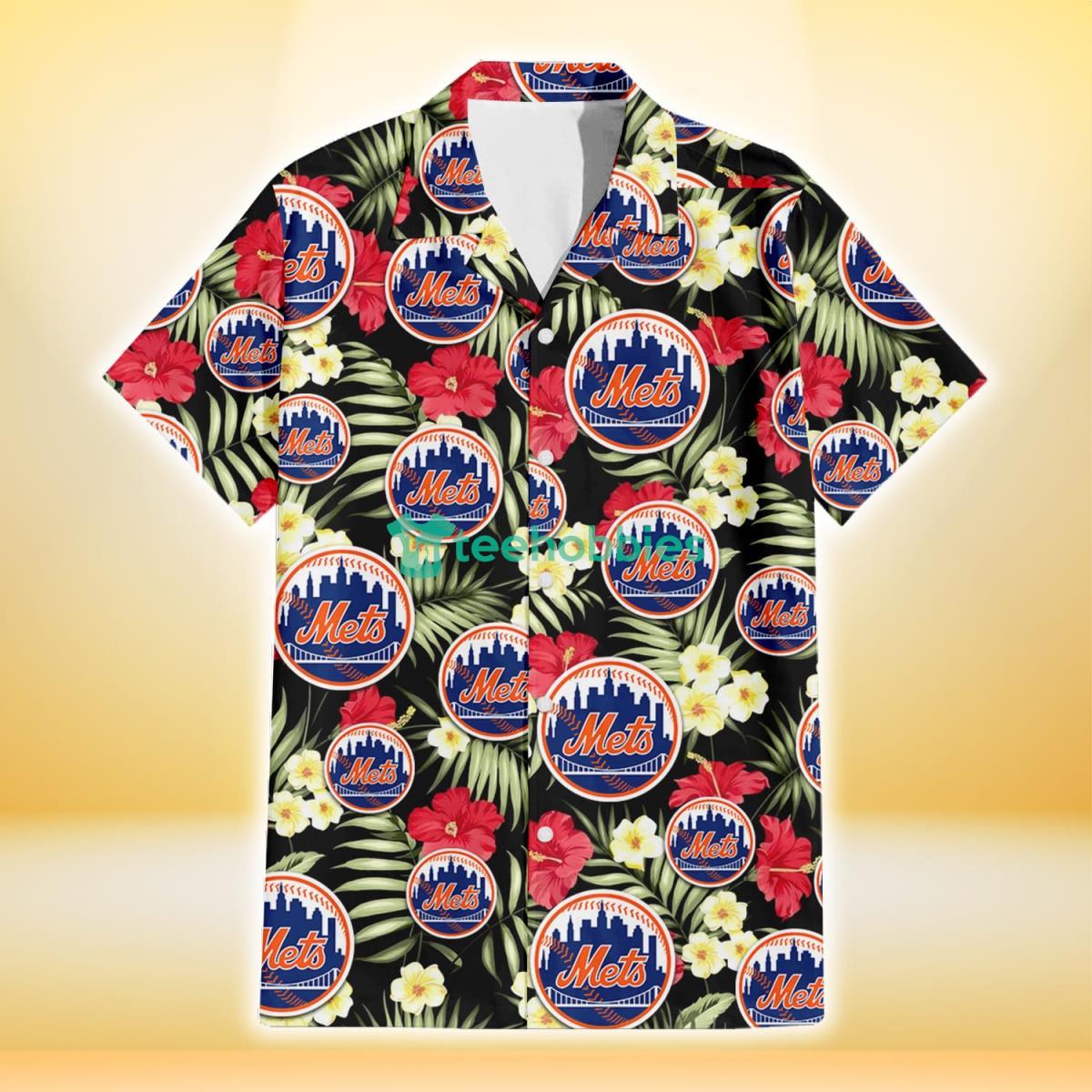New York Mets Red Hibiscus Yellow Porcelain Flower Black Background 3D Hawaiian Shirt Gift For Fans Product Photo 2