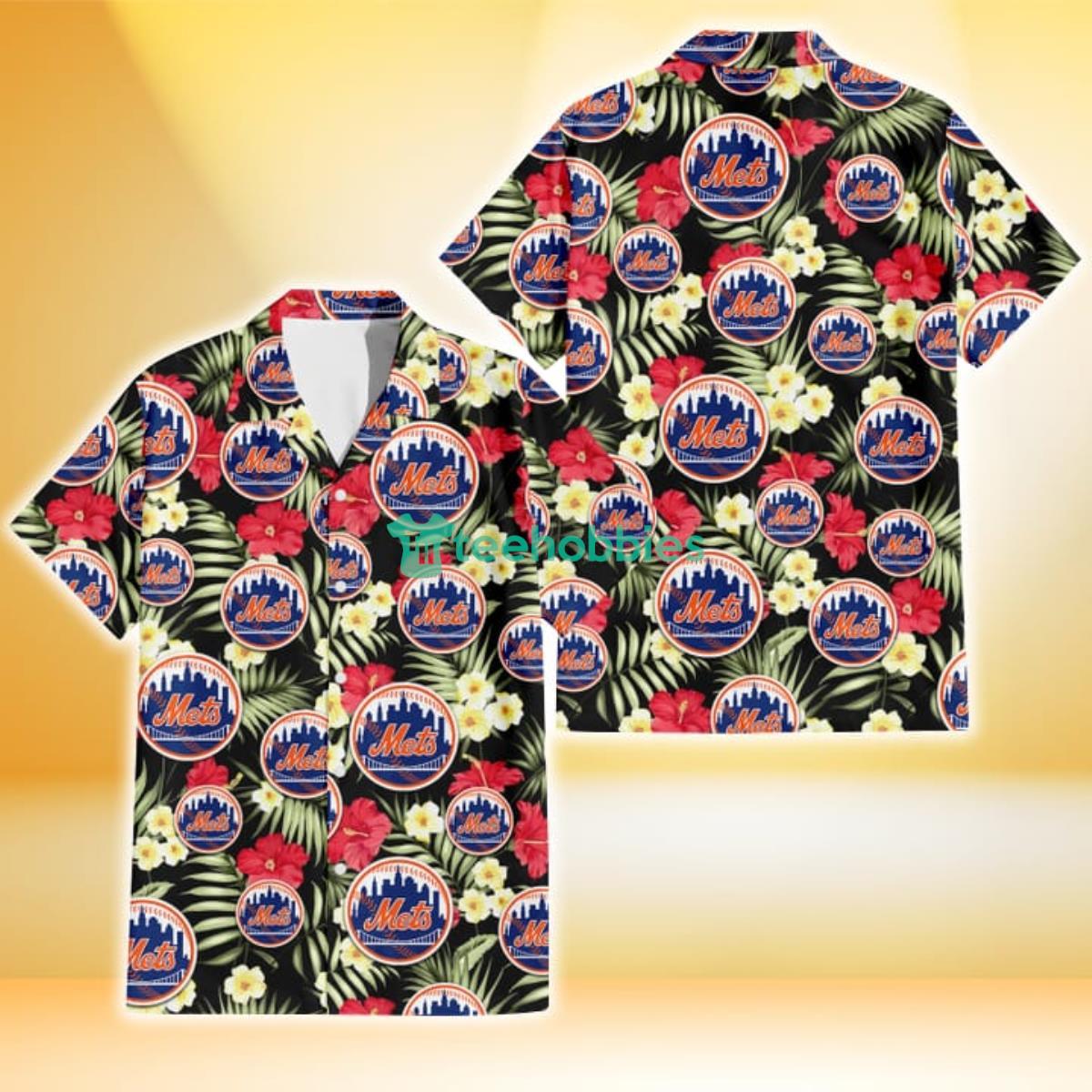 New York Mets Red Hibiscus Yellow Porcelain Flower Black Background 3D Hawaiian Shirt Gift For Fans Product Photo 1