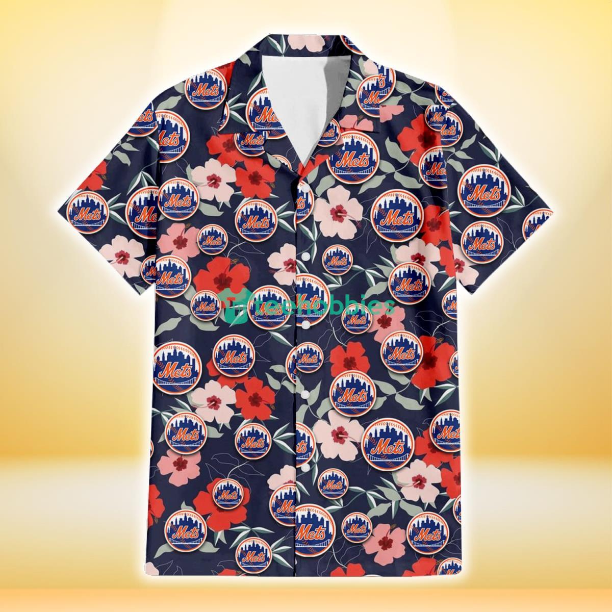 New York Mets Red Pink White Hibiscus Black Background 3D Hawaiian Shirt Gift For Fans Product Photo 2
