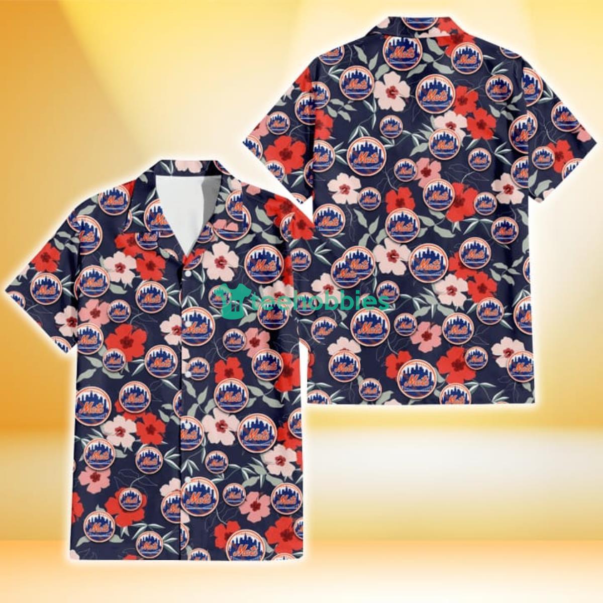 New York Mets Red Pink White Hibiscus Black Background 3D Hawaiian Shirt Gift For Fans Product Photo 1