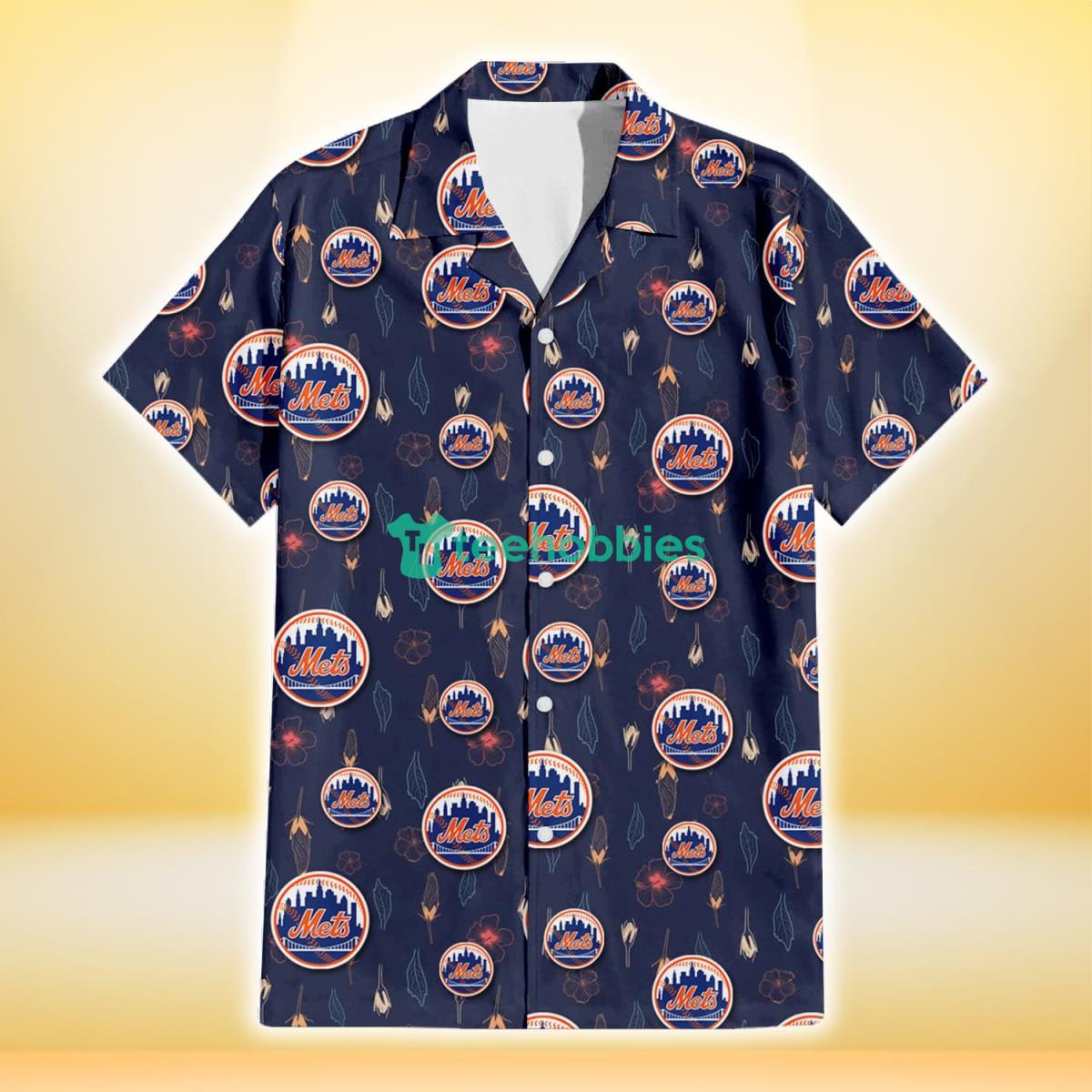New York Mets Small Hibiscus Buds Navy Background 3D Hawaiian Shirt Gift For Fans Product Photo 2