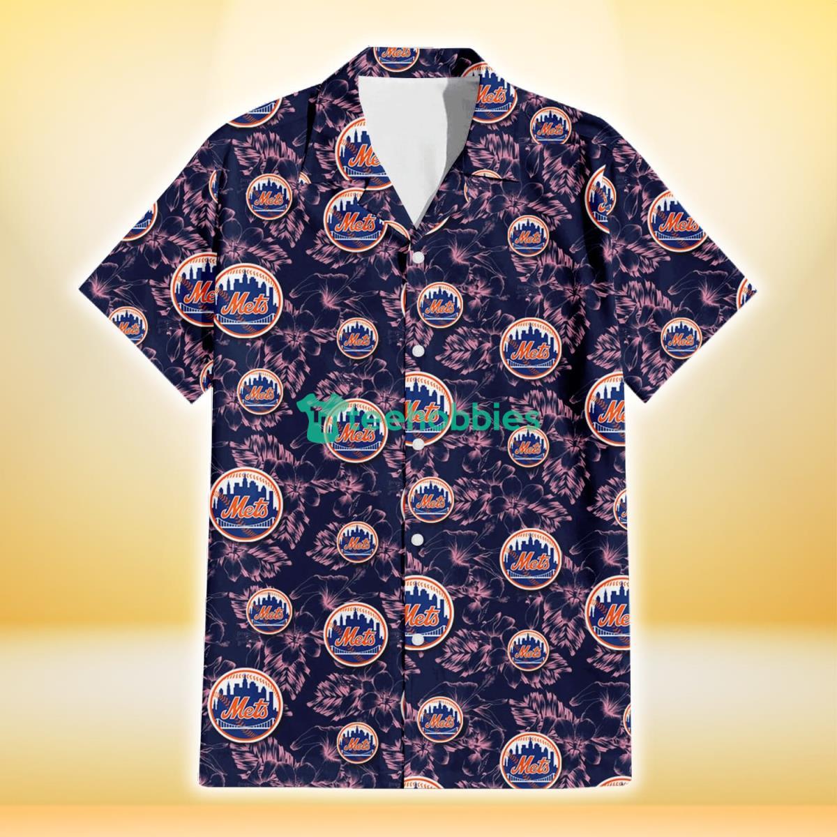 New York Mets Thistle Sketch Hibiscus Dark Slate Blue Background 3D Hawaiian Shirt Gift For Fans Product Photo 2