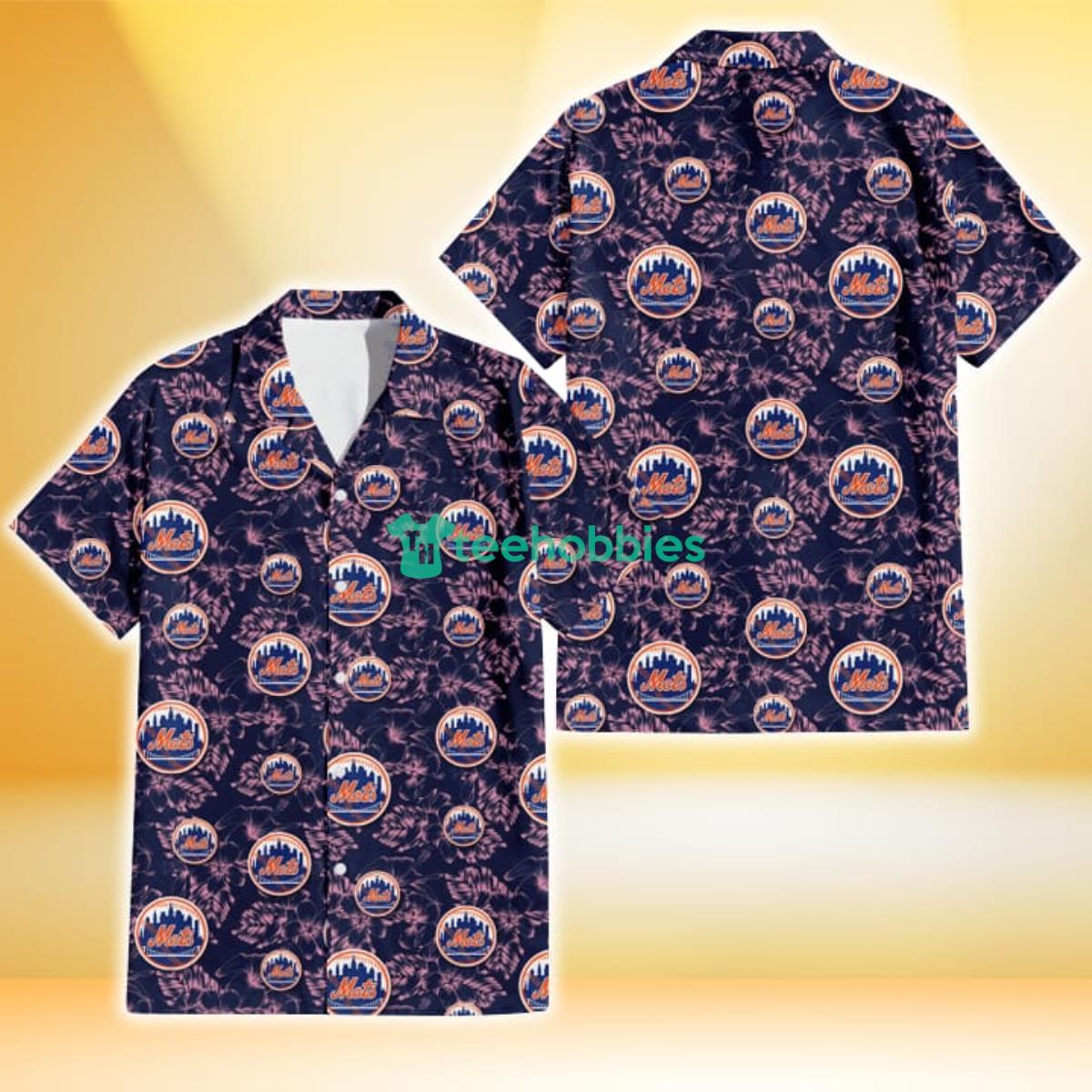 New York Mets Thistle Sketch Hibiscus Dark Slate Blue Background 3D Hawaiian Shirt Gift For Fans Product Photo 1
