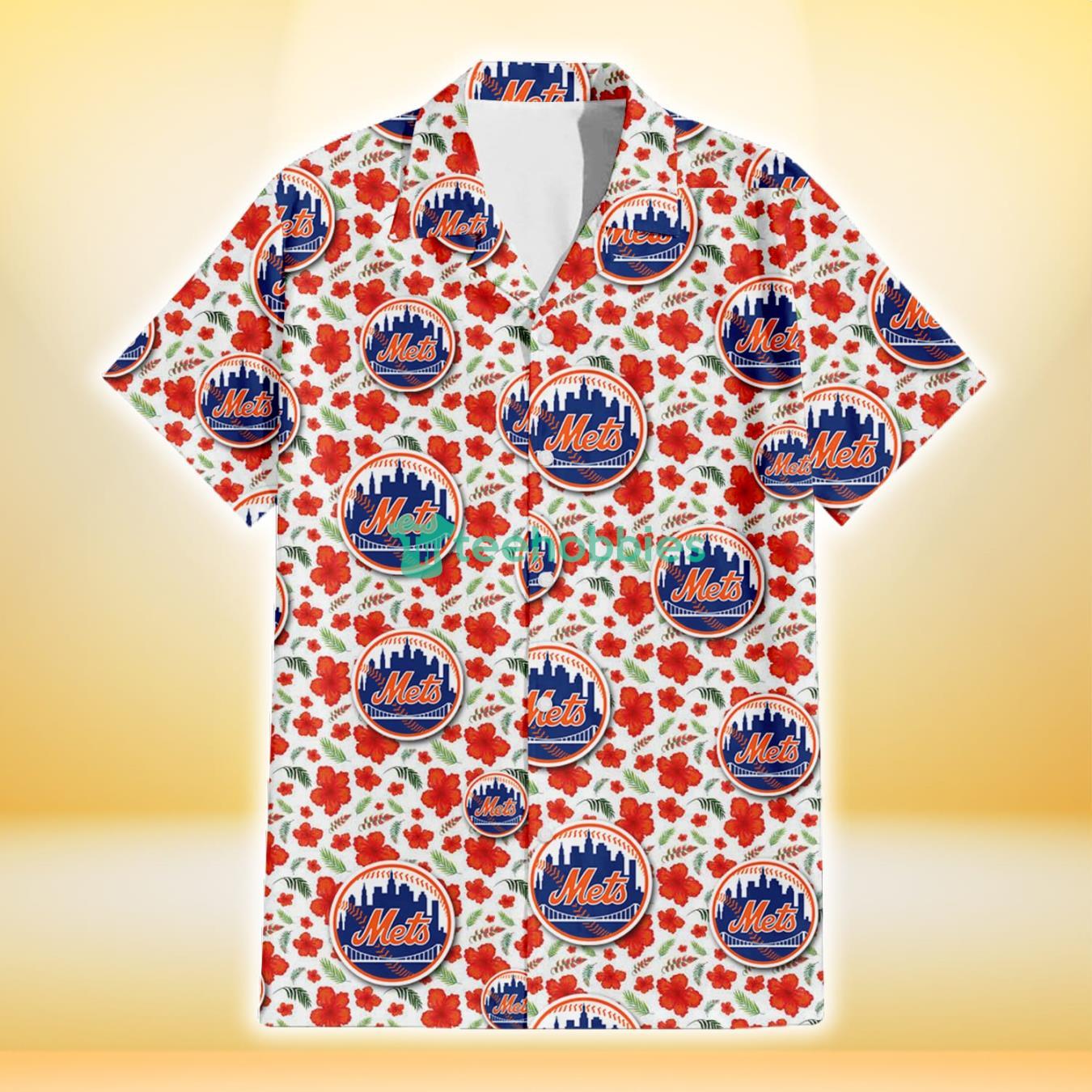 New York Mets Tiny Red Hibiscus Green Leaf White Cube Background 3D Hawaiian Shirt Gift For Fans Product Photo 2