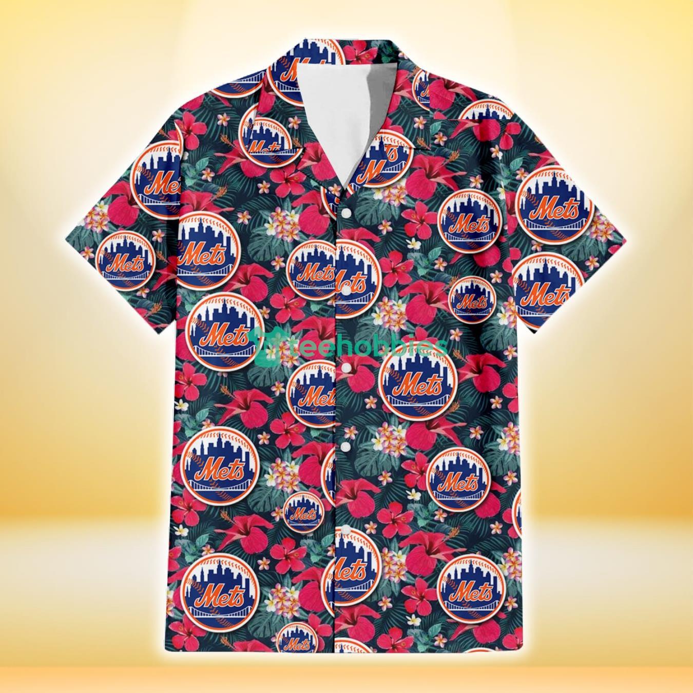 New York Mets Tiny Red Hibiscus White Porcelain Flower Black Background 3D Hawaiian Shirt Gift For Fans Product Photo 2