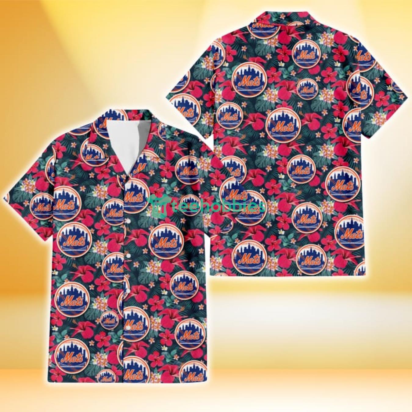 New York Mets Tiny Red Hibiscus White Porcelain Flower Black Background 3D Hawaiian Shirt Gift For Fans Product Photo 1