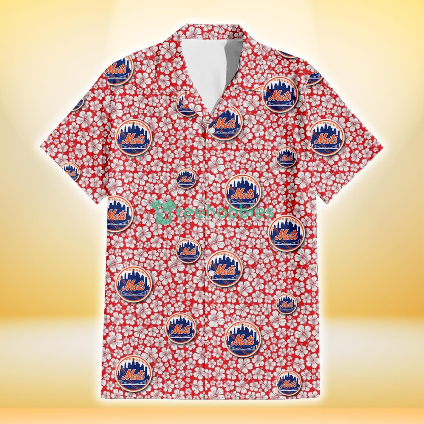 New York Mets Tiny White Hibiscus Pattern Red Background 3D Hawaiian Shirt Gift For Fans Product Photo 2