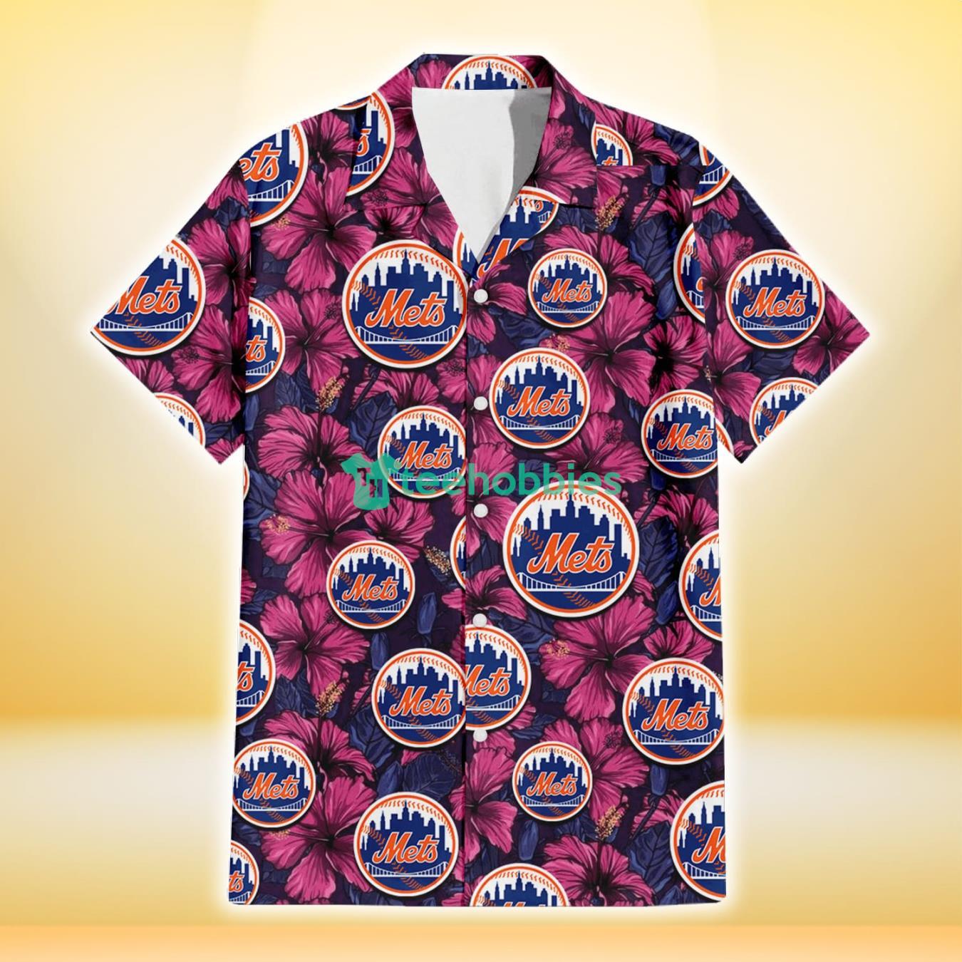 New York Mets Violet Red Blue Leaf Black Background 3D Hawaiian Shirt Gift For Fans Product Photo 2