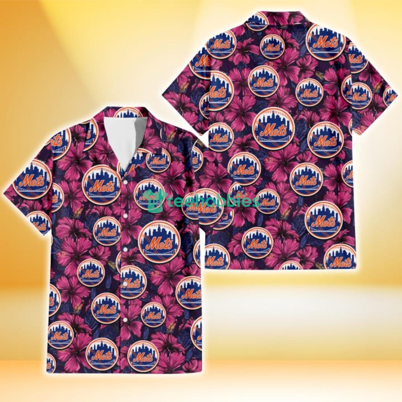 New York Mets Violet Red Blue Leaf Black Background 3D Hawaiian Shirt Gift For Fans Product Photo 1