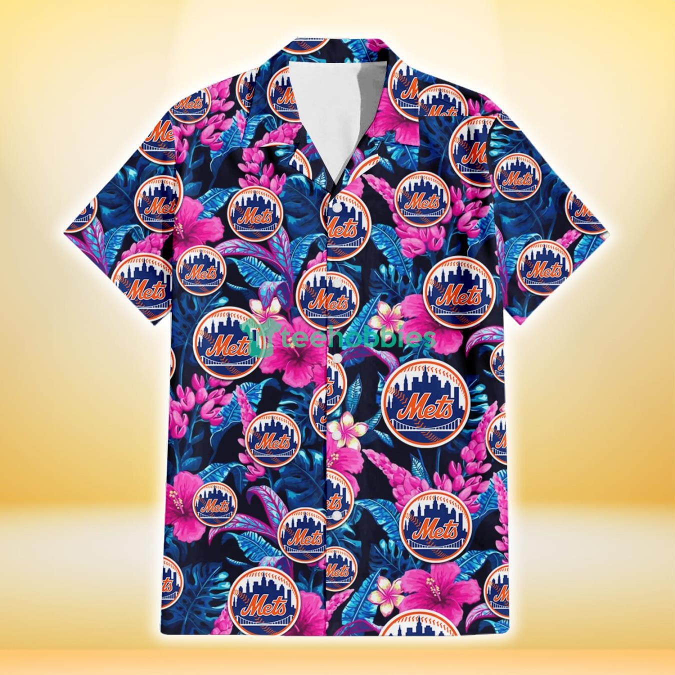 New York Mets Violet Red Hibiscus Blue Leaf Black Background 3D Hawaiian Shirt Gift For Fans Product Photo 2