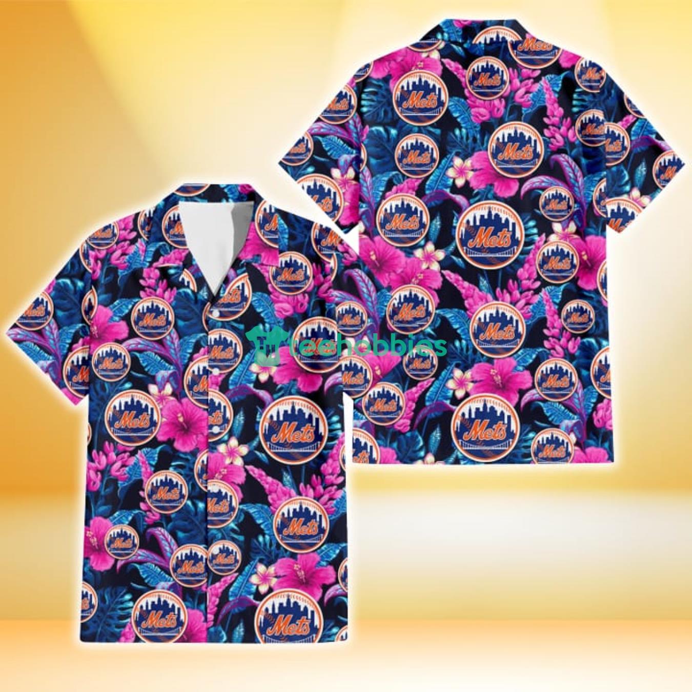 New York Mets Violet Red Hibiscus Blue Leaf Black Background 3D Hawaiian Shirt Gift For Fans Product Photo 1