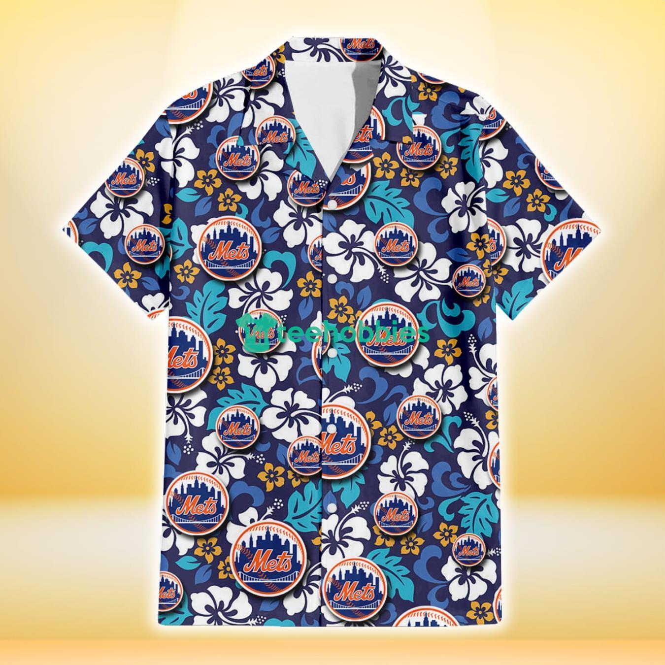 New York Mets White Hibiscus Ceramic Style Navy Background 3D Hawaiian Shirt Gift For Fans Product Photo 2