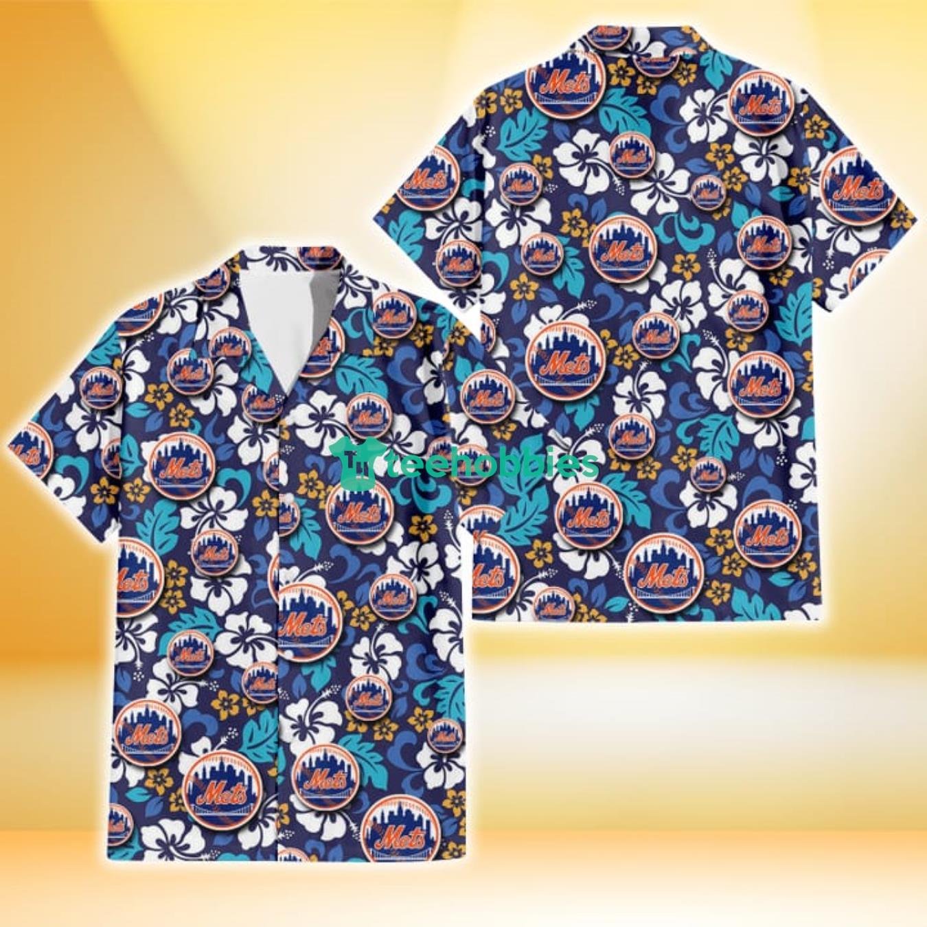 New York Mets White Hibiscus Ceramic Style Navy Background 3D Hawaiian Shirt Gift For Fans Product Photo 1