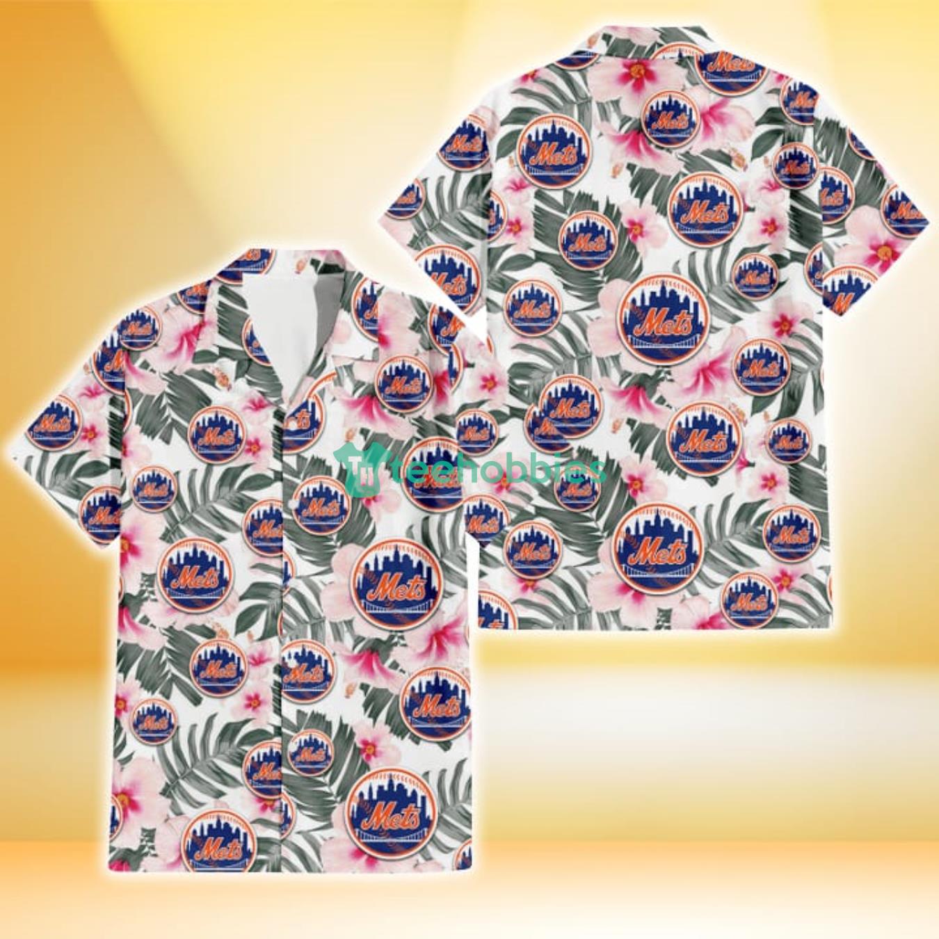 New York Mets White Hibiscus Green Leaf White Background 3D Hawaiian Shirt Gift For Fans Product Photo 1