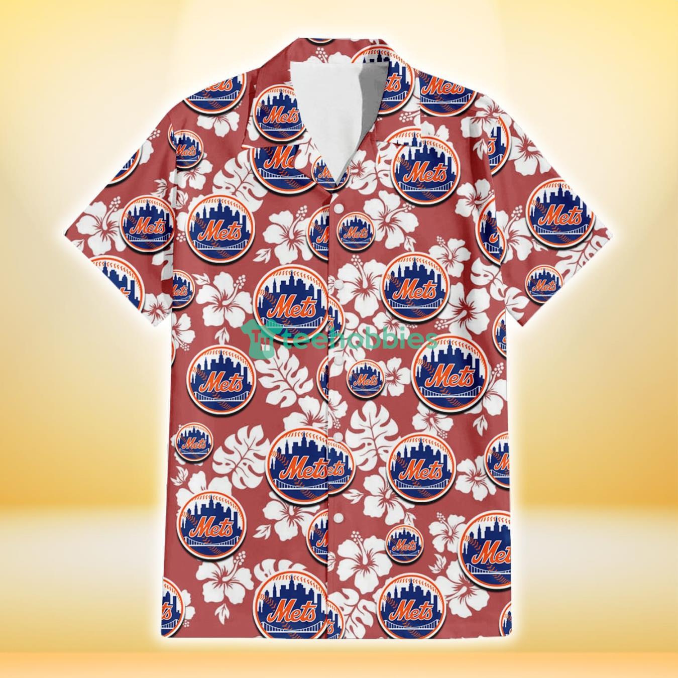 New York Mets White Hibiscus Indian Red Background 3D Hawaiian Shirt Gift For Fans Product Photo 2