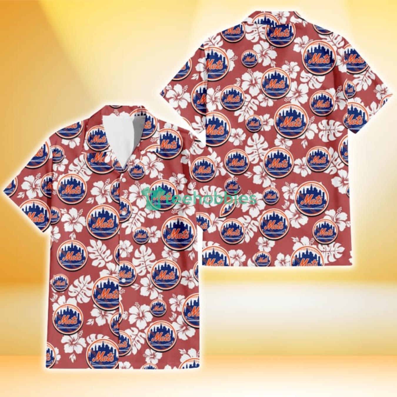 New York Mets White Hibiscus Indian Red Background 3D Hawaiian Shirt Gift For Fans Product Photo 1