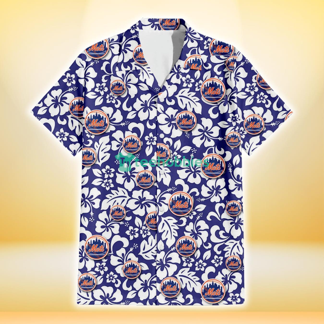 New York Mets White Hibiscus Pattern Slate Blue Background 3D Hawaiian Shirt Gift For Fans Product Photo 2