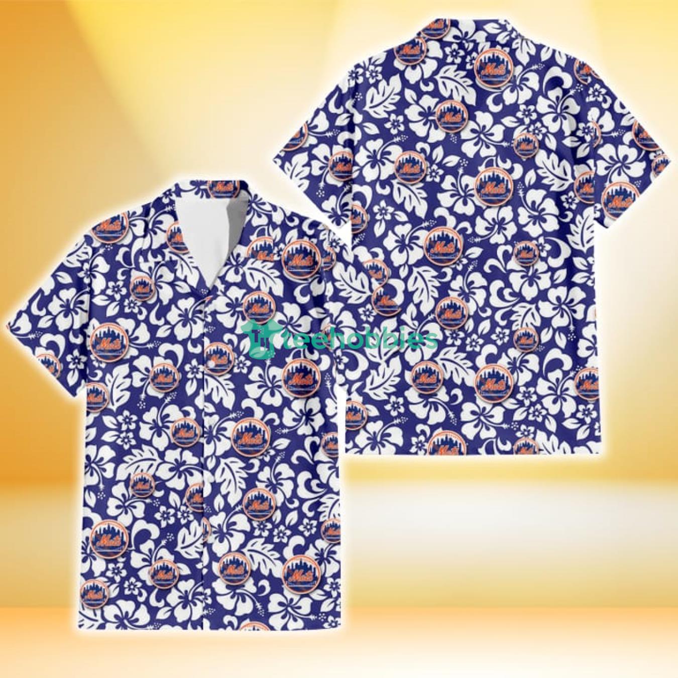 New York Mets White Hibiscus Pattern Slate Blue Background 3D Hawaiian Shirt Gift For Fans Product Photo 1