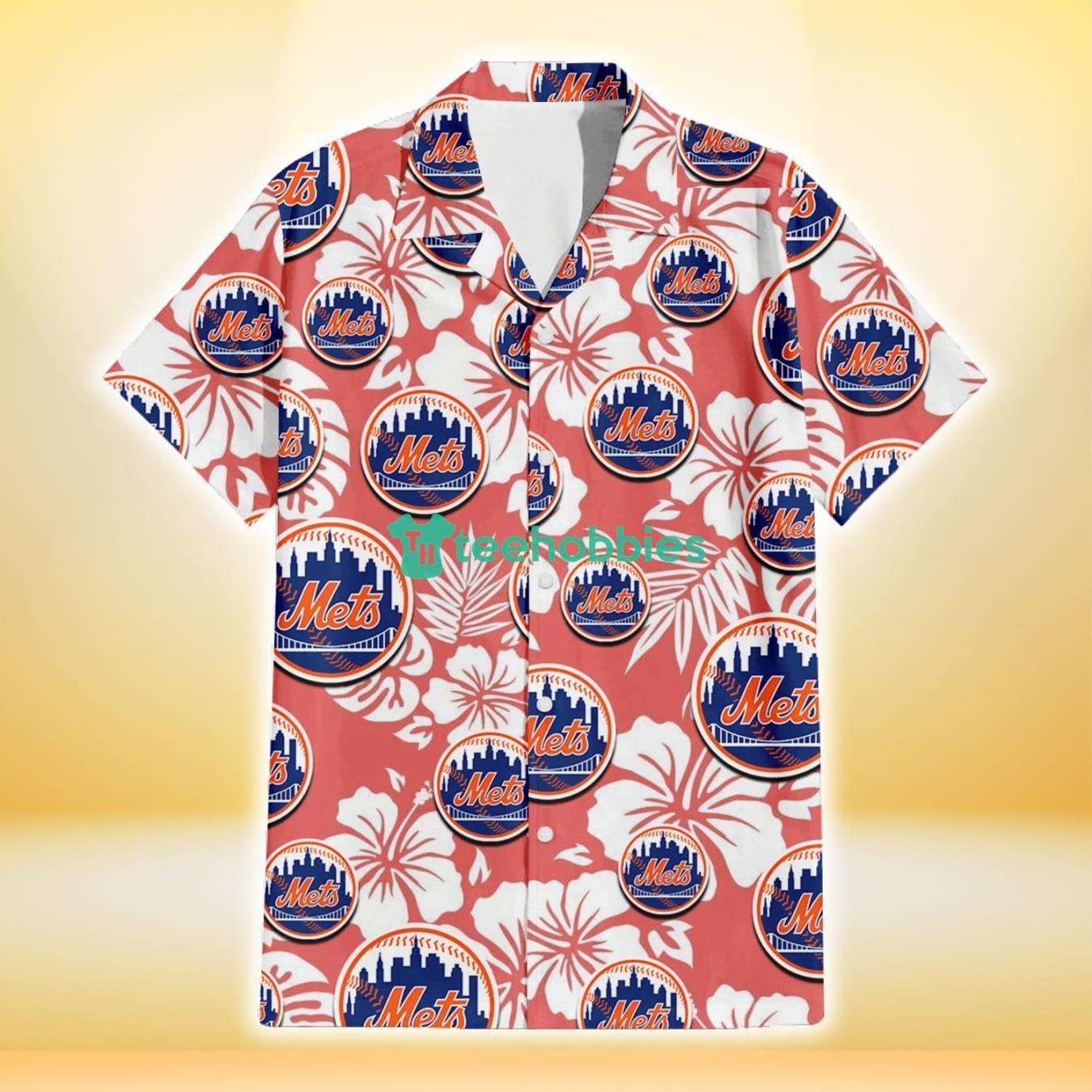 New York Mets White Hibiscus Salmon Background 3D Hawaiian Shirt Gift For Fans Product Photo 2