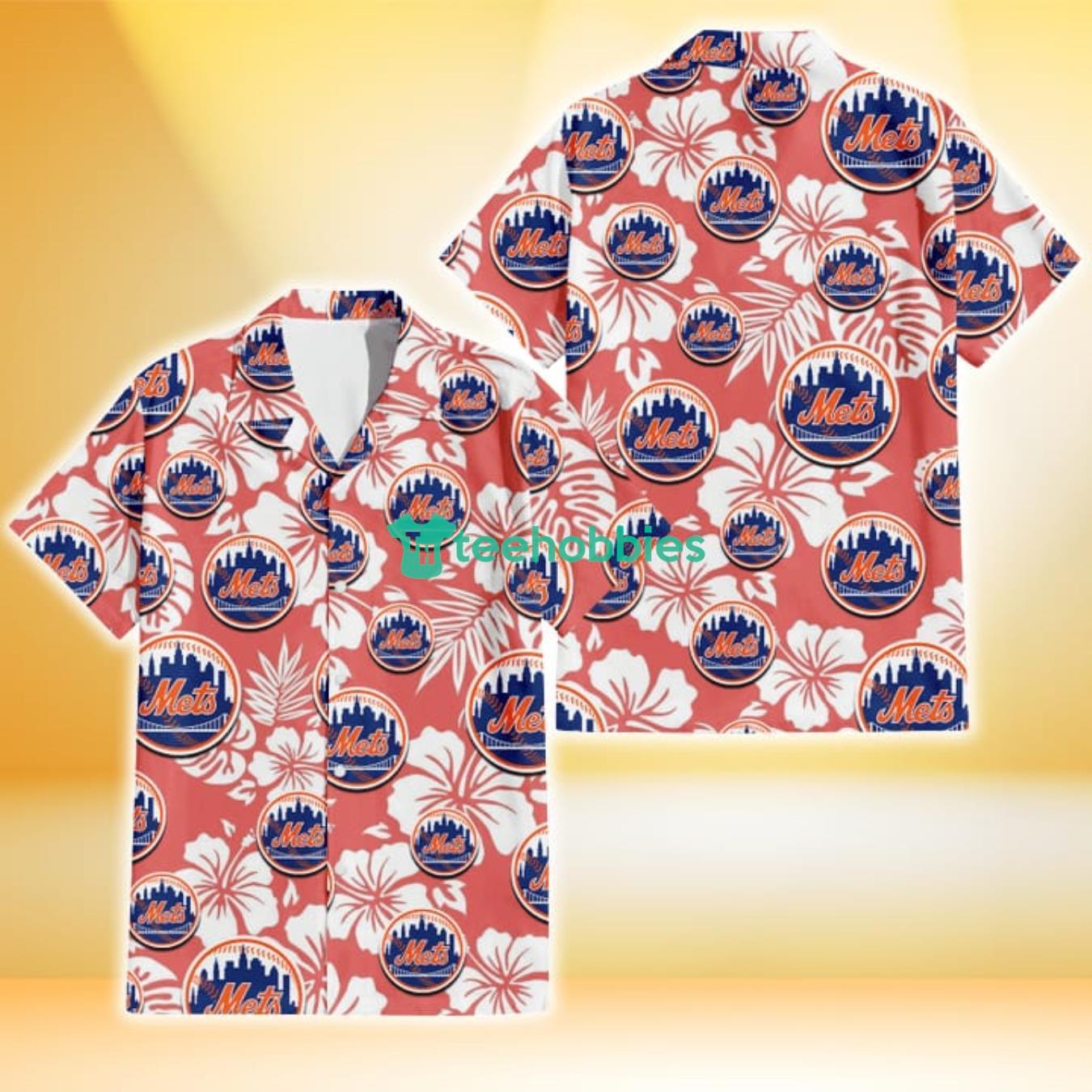 New York Mets White Hibiscus Salmon Background 3D Hawaiian Shirt Gift For Fans Product Photo 1