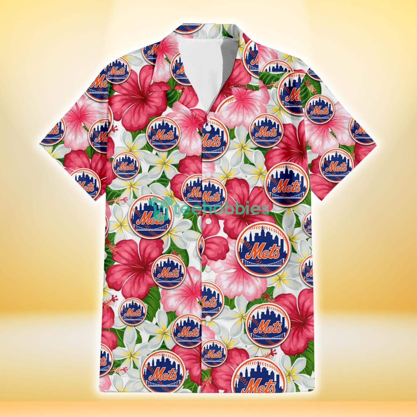New York Mets White Porcelain Flower Pink Hibiscus White Background 3D Hawaiian Shirt Gift For Fans Product Photo 2