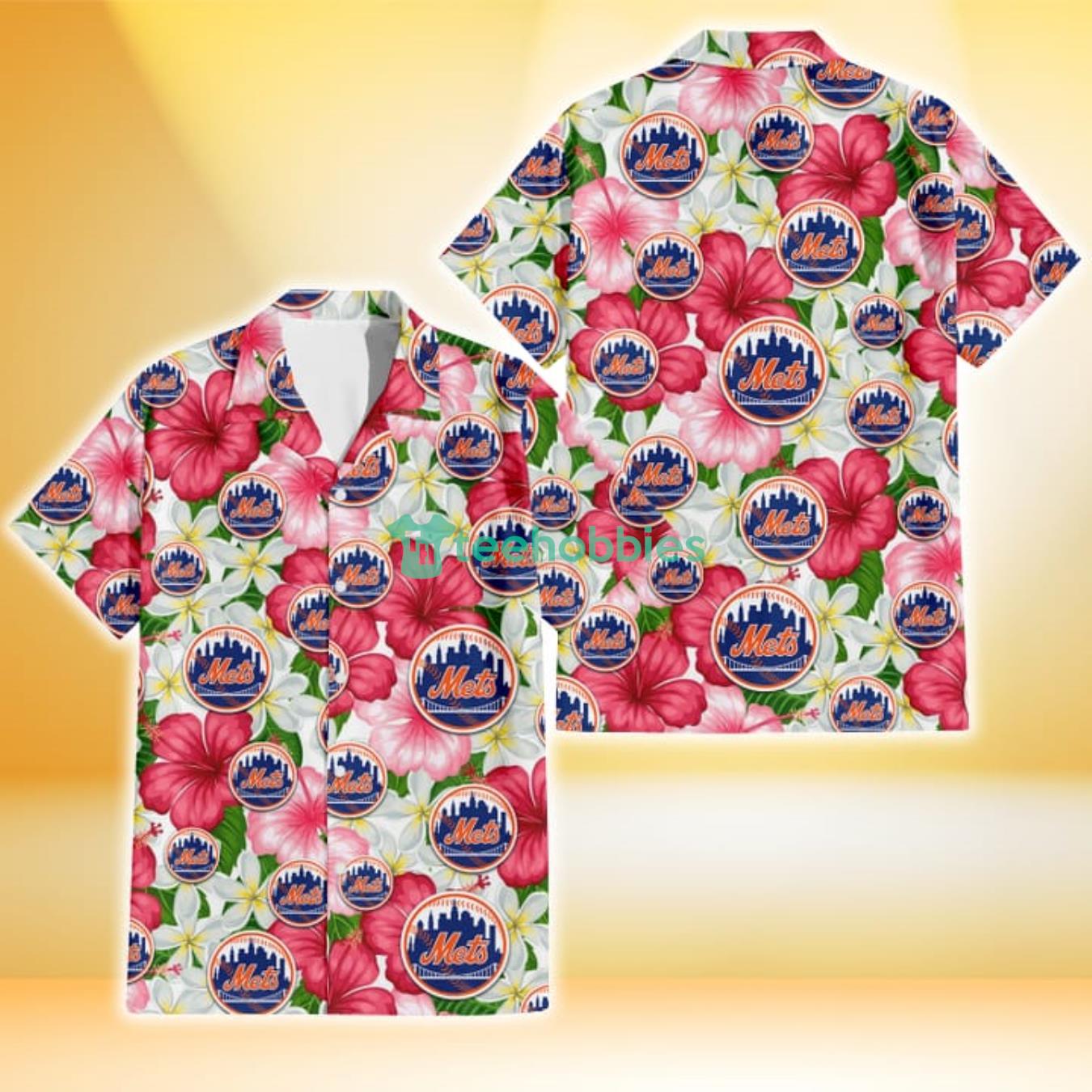 New York Mets White Porcelain Flower Pink Hibiscus White Background 3D Hawaiian Shirt Gift For Fans Product Photo 1