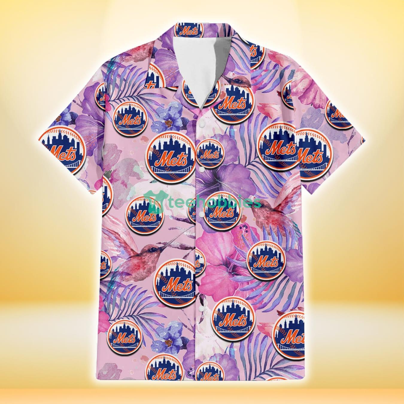 New York Mets White Purple Hibiscus Pink Hummingbird Pink Background 3D Hawaiian Shirt Gift For Fans Product Photo 2