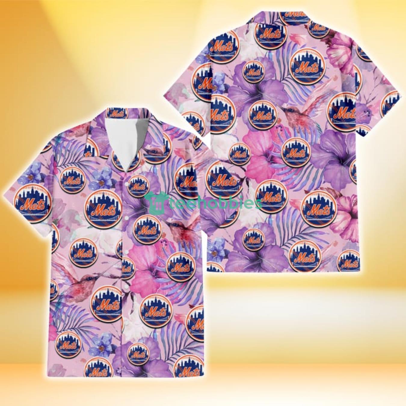 New York Mets White Purple Hibiscus Pink Hummingbird Pink Background 3D Hawaiian Shirt Gift For Fans Product Photo 1