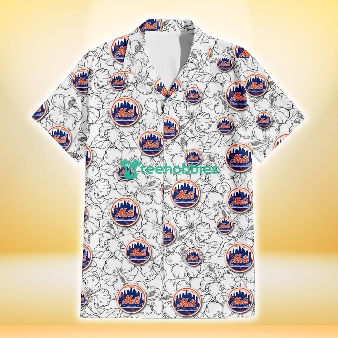 New York Mets White Sketch Hibiscus Pattern White Background 3D Hawaiian Shirt Gift For Fans Product Photo 2