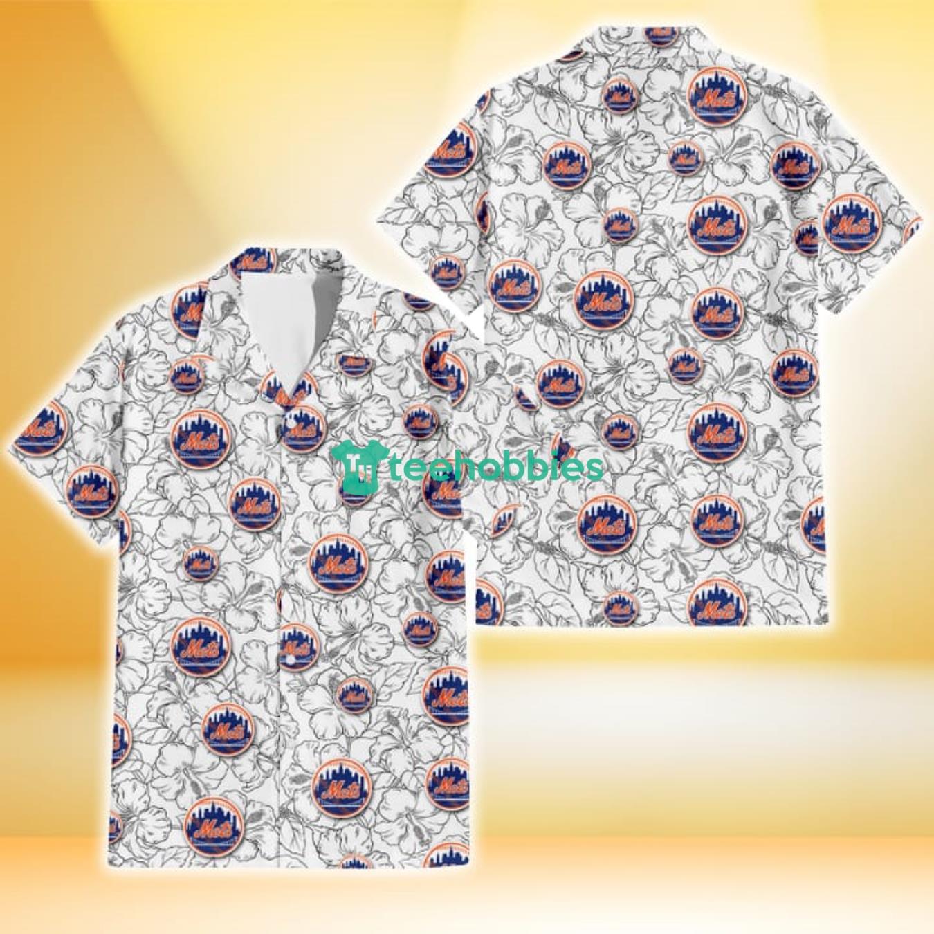 New York Mets White Sketch Hibiscus Pattern White Background 3D Hawaiian Shirt Gift For Fans Product Photo 1