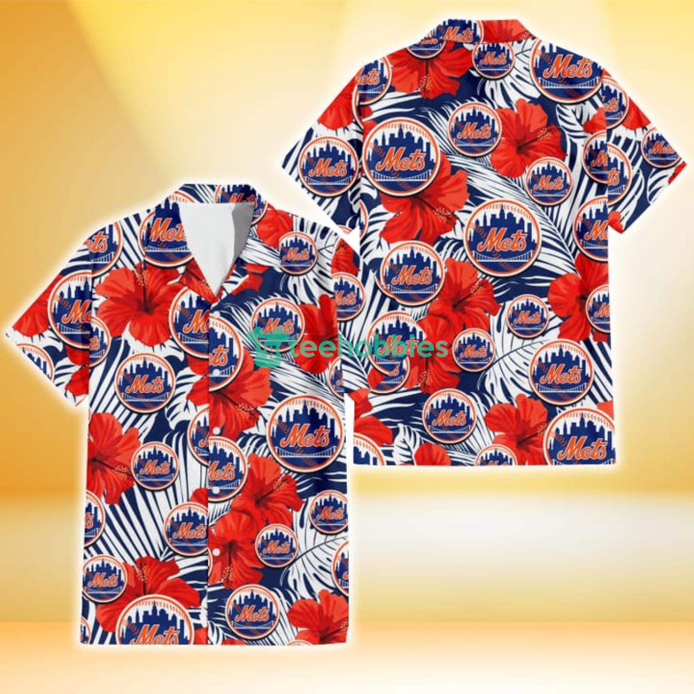 New York Mets White Tropical Leaf Red Hibiscus Navy Background 3D Hawaiian Shirt Gift For Fans Product Photo 1