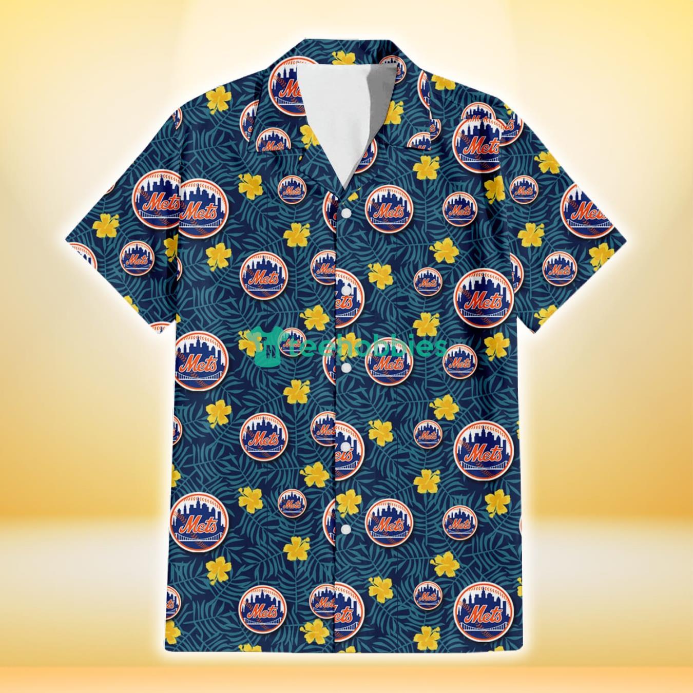 New York Mets Yellow Hibiscus Cadet Blue Leaf Navy Background 3D Hawaiian Shirt Gift For Fans Product Photo 2