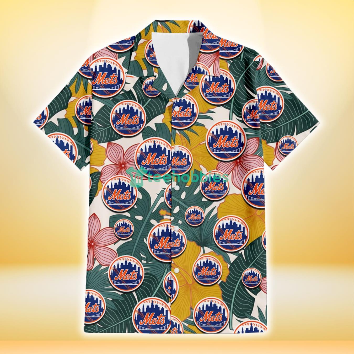 New York Mets Yellow Hibiscus Green Banana Leaf Pink Porcelain Flower 3D Hawaiian Shirt Gift For Fans Product Photo 2