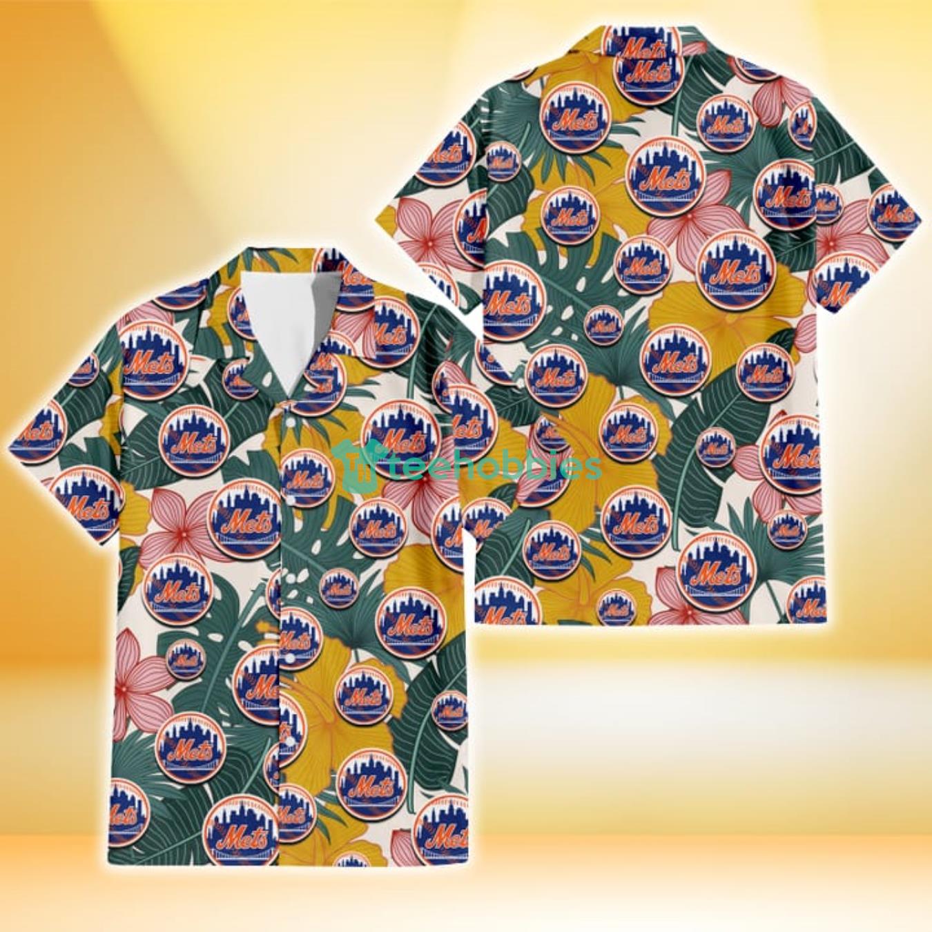 New York Mets Yellow Hibiscus Green Banana Leaf Pink Porcelain Flower 3D Hawaiian Shirt Gift For Fans Product Photo 1