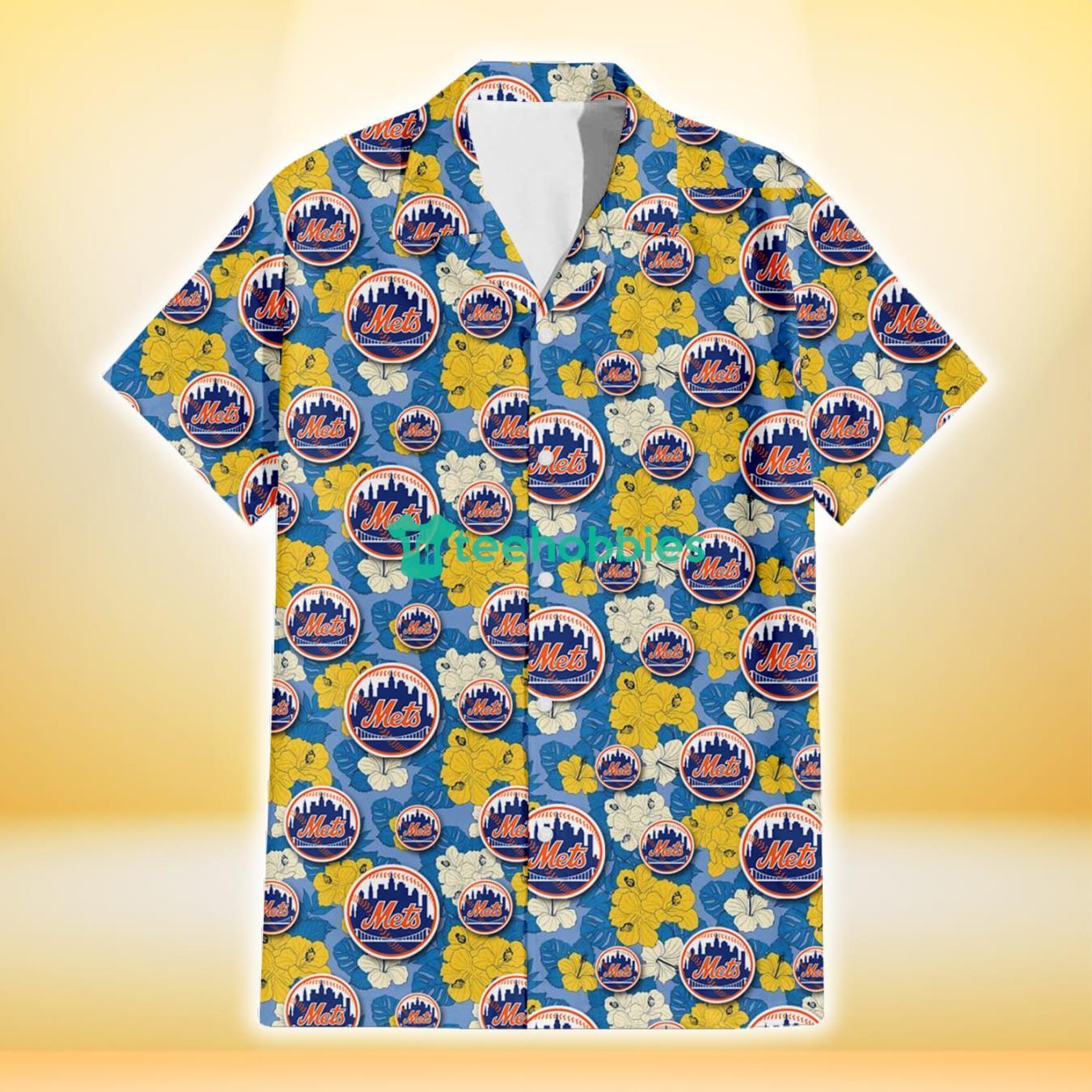 New York Mets Yellow White Hibiscus Powder Blue Background 3D Hawaiian Shirt Gift For Fans Product Photo 2