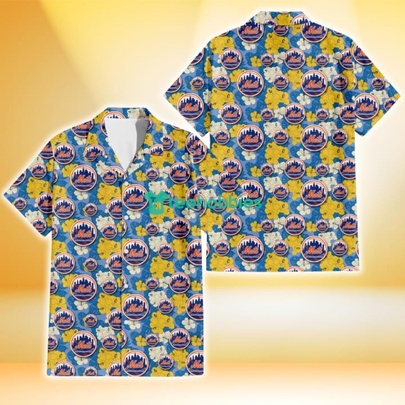 New York Mets Yellow White Hibiscus Powder Blue Background 3D Hawaiian Shirt Gift For Fans Product Photo 1