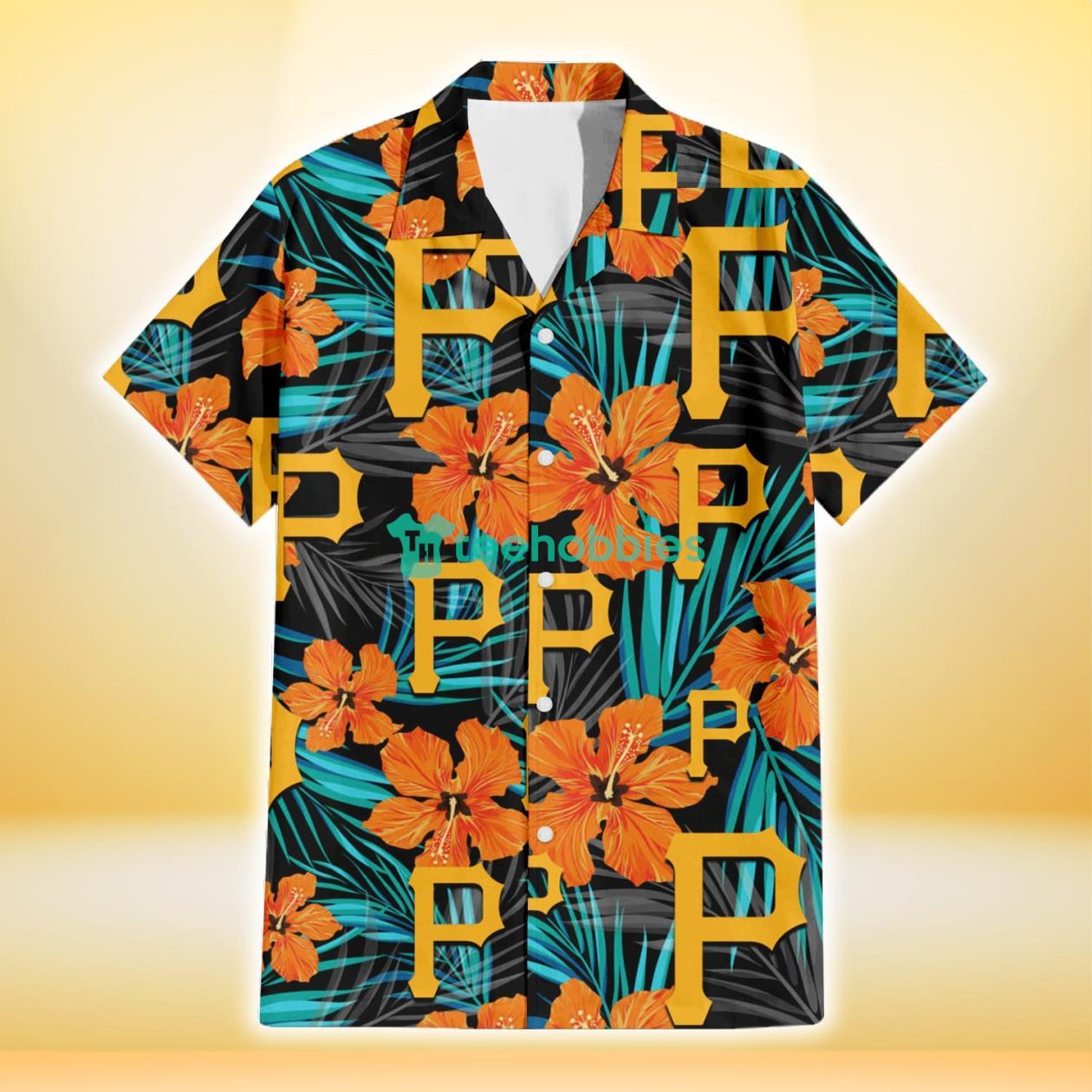 Pittsburgh Pirates Orange Hibiscus Blue Gray Leaf Black Background 3D Hawaiian Shirt Gift For Fans Product Photo 2