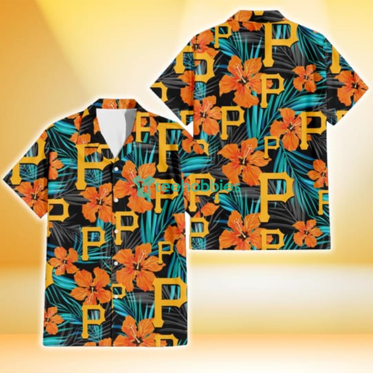 Pittsburgh Pirates Orange Hibiscus Blue Gray Leaf Black Background 3D Hawaiian Shirt Gift For Fans Product Photo 1