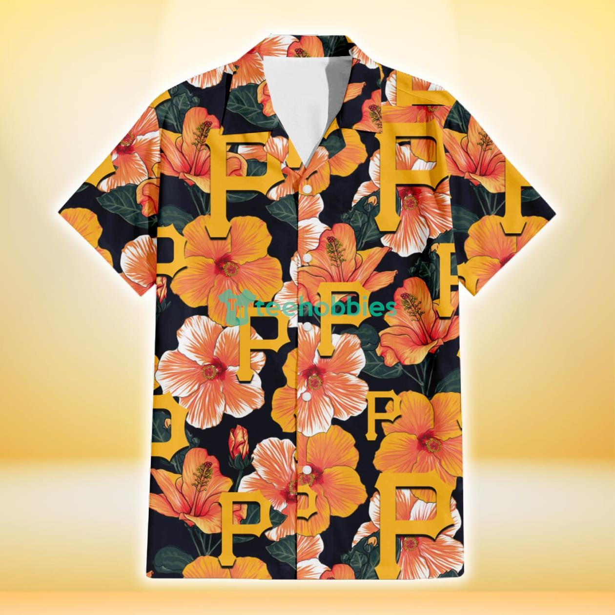 Pittsburgh Pirates Orange Hibiscus Dark Green Leaf Black Background 3D Hawaiian Shirt Gift For Fans Product Photo 2
