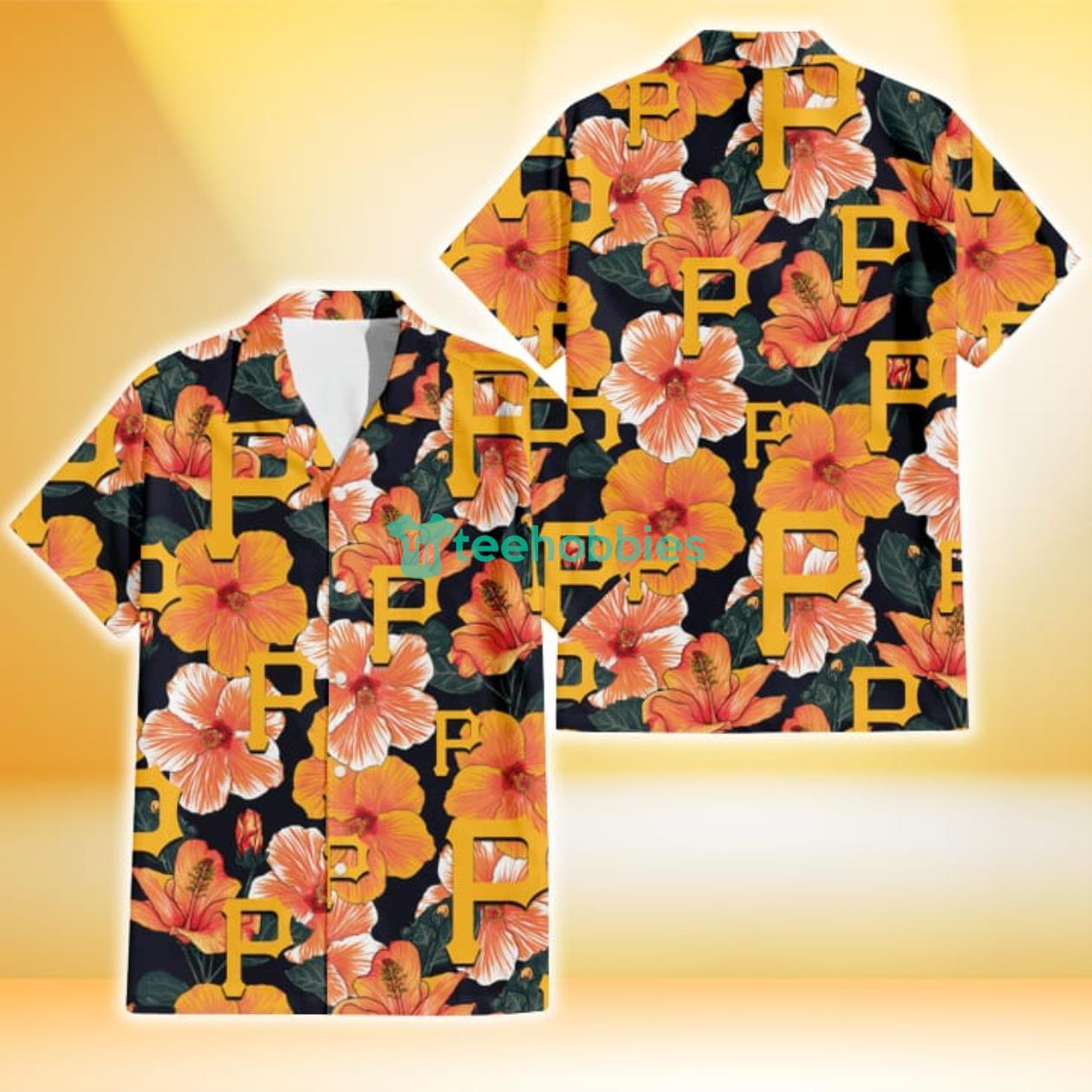 Pittsburgh Pirates Orange Hibiscus Dark Green Leaf Black Background 3D Hawaiian Shirt Gift For Fans Product Photo 1