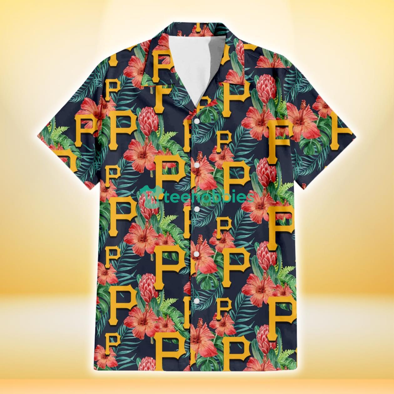 Pittsburgh Pirates Orange Hibiscus Green Tropical Leaf Dark Background 3D Hawaiian Shirt Gift For Fans Product Photo 2