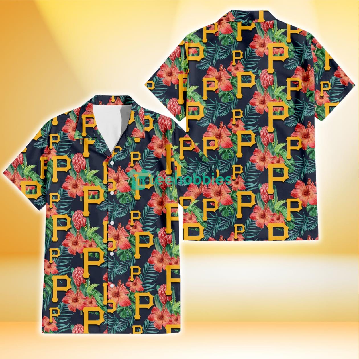 Pittsburgh Pirates Orange Hibiscus Green Tropical Leaf Dark Background 3D Hawaiian Shirt Gift For Fans Product Photo 1