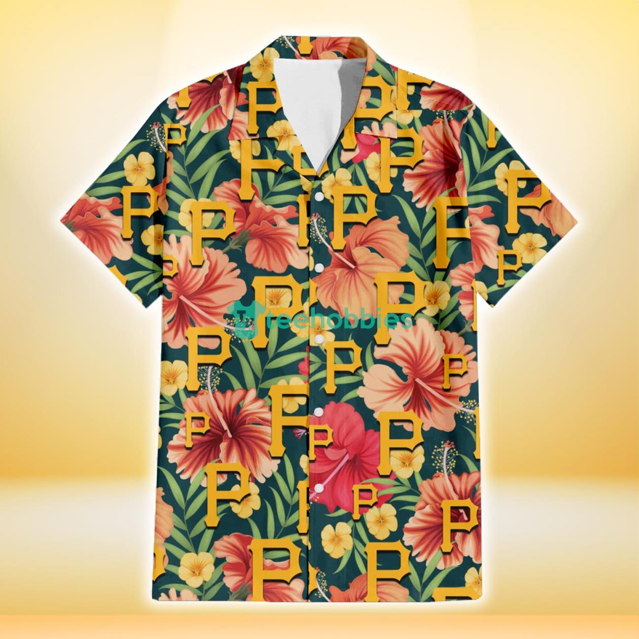Pittsburgh Pirates Orange Red Hibiscus Green Leaf Dark Background 3D Hawaiian Shirt Gift For Fans Product Photo 2